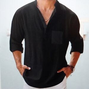NWT Men's Black Cotton & Linen Long Sleeve Button Down V-Neck Henley Size XL